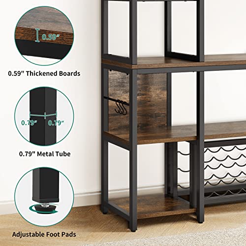 DWVO Large Bakers Rack with Power Outlets and Wine Rack, 35.5 inch 5-Tier Microwave Stand, Coffee Bar with Glasses Holder, Kitchen Storage Shelf with 6 Hooks, for Living Room, Office, Rustic Brown