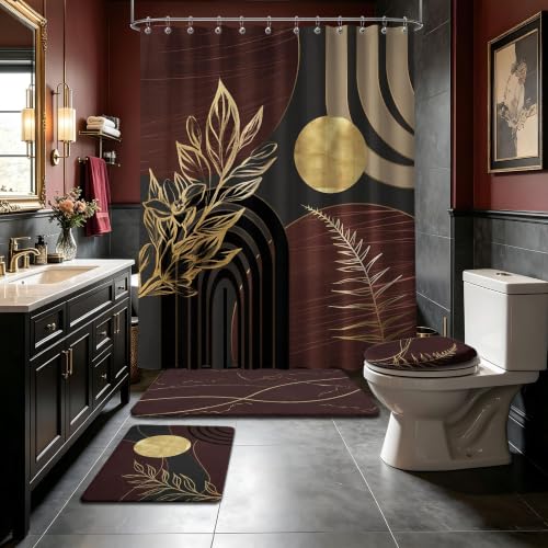 Dark Brown Shower Curtain Sets with Rugs Mid Century Modern Bathroom Decor