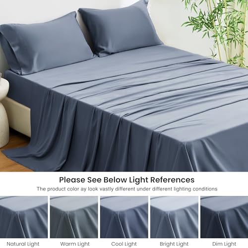 Image of Love's cabin 4 Piece California King Size Sheet Set, 100% Rayon Derived from Bamboo, Cooling & Breathable, Soft Silky Deep Pocket up to 16 inch, Hotel Luxury Bedding for Hot Sleepers, Bluish Grey