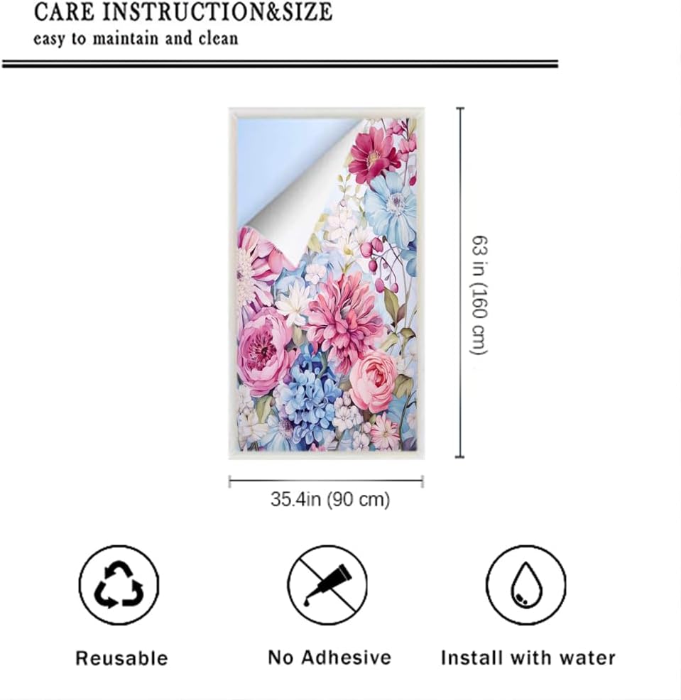 Rustic Flowers Privacy Window Film Colorful Peonies Floral Stained Glass Window Coverings Adhesive Sticker Frosted Window Film for Home Office Stores 35.4Wx63L inch