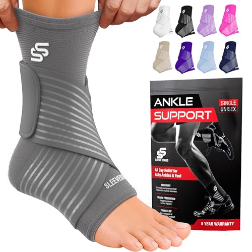 Sleeve Stars Ankle Brace for Women & Men, Ankle Wrap for Sprain, Compression Sleeve for Plantar Fasciitis Relief, Easy Customizable Support: w/ Removable Strap (Single/M:10'-12'/Grey)