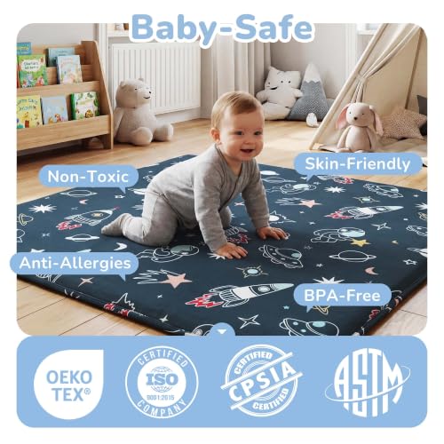 Image of 79x71 Baby Play Mat, 1.5 inch Thick Memory Foam Mat, Space Adventure | Ultra Soft, Non-Slip Backing, Water-Repellent, Skin-Friendly for Baby, Padded Cushioned, Tummy Time Crawling for Nursery