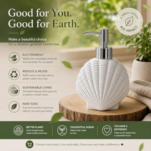 Image of Whizzo Ceramic Shell Shaped Liquid Soap Dispenser with Chrome Pump | Elegant Bathroom & Kitchen Accessory | White Glossy Finish | Refillable Handwash Lotion Bottle (420ML, LD-212, Design2)