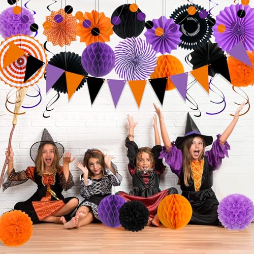 Image of 26 Pcs Halloween Party Decorations Kit, Paper Fans Pom Poms Banner 8-16 in | Orange purple black fans, pom poms, honeycomb balls, banner, swirls for Halloween birthday, indoor outdoor party decor