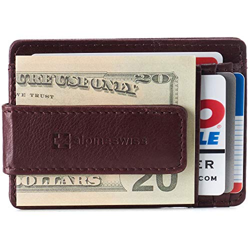 Alpine Swiss Harper Mens RFID Slim Money Clip Front Pocket Wallet Minimalist Leather ID Card Holder Burgundy