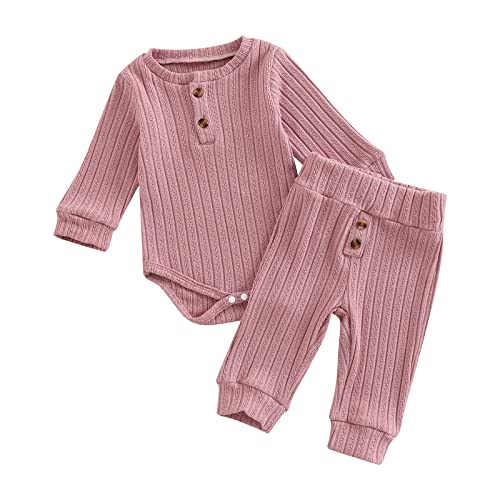 Image of Newborn Baby Boy Girl Clothes Set Infant Ribbed Outfits Fall Winter Solid Color Romper with Elastic Long Pants 2Pcs