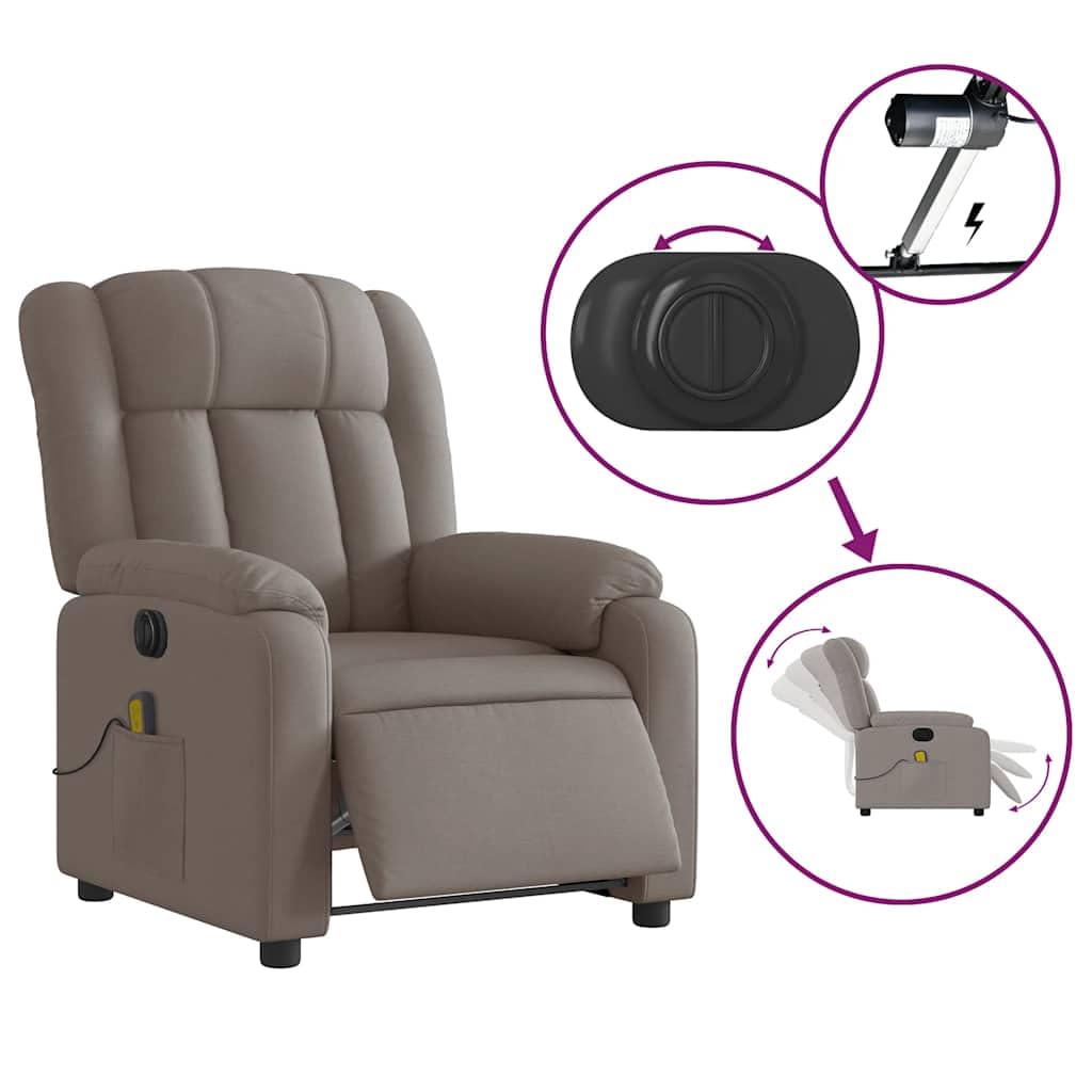 Elektrischer Massagesessel aus Stoff Taupe mit 6 Vibrationspunkten und stabilem Rahmen, automatische Neigungsfunktion um 135 Grad und bequeme Armlehnen
