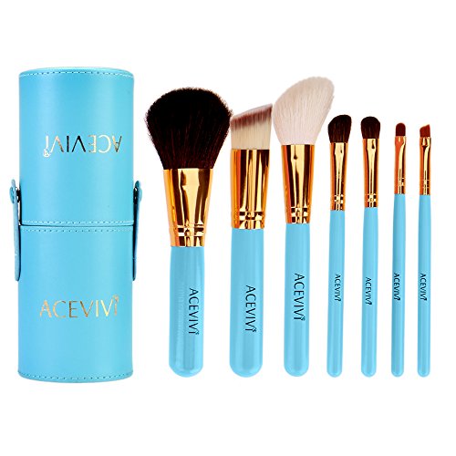 ACEVIVI 7 PIECE Makeup Brushes - Portable Premium Makeup Brush Kit Handle Synthetic Kabuki Foundation Cosmetic Brushes for Powder Liquid Cream- Blue