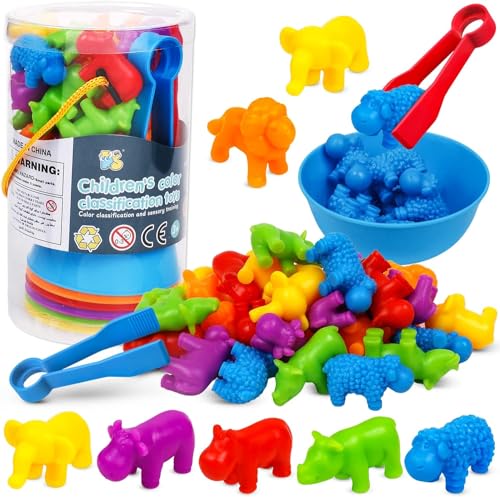 Image of Counting Animals Game Color Sorting Toys with Bowls Montessori STEM Sensory Training Early Educational Preschool Learning Toy Gift for Toddlers Kids Ages 3 4 5 6 (Animals)