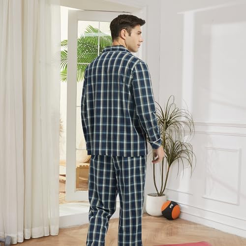 Vulcanodon Mens Cotton Pajama Set, Button Down Woven Pajama Set for Men Plaid Men's Sleepwear4