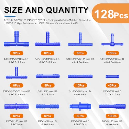 Image of Tnisesm 134PCS Vacuum Hose Automotive Kit 5FT,1 /8 inch 5 /32 inch 3 /16 inch 1 /4 inch 5 /16 inch 3 /8 inch Blue Tubings with Color-Matched Connectors 128PCS ID High Performance 130PSI Silicone Vacuum Hose line Kit
