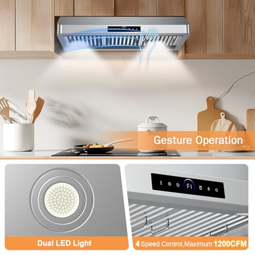 36 Inch Under Cabinet Range Hood 1200CFM, 4-Speed Kitchen Hood with Touch Control & Gesture Sensing Stainless Steel Kitchen Stove Vent Hoods with 2 LED Lights Supreme Series