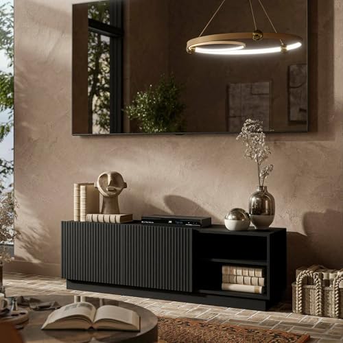 Dmora Mobile Porta tv Finita 40x150x48h cm Nero 3 Ripiani 6 Vani, 2 Ante