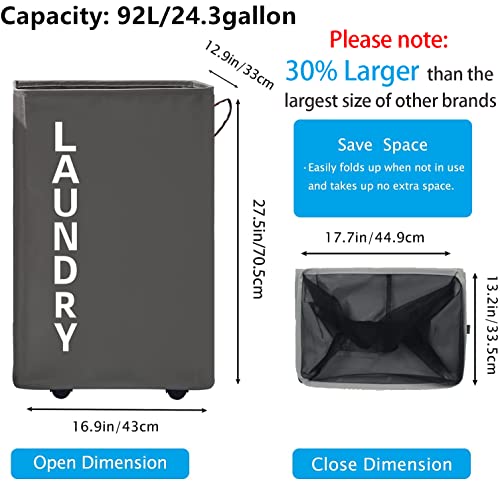 92L Extra Large Laundry Hamper With Leather Handle,Standable Laundry Basket With Wheels Laundry Hamper On Wheels,Large Hamper,Rolling Laundry Basket Grey #TOP3