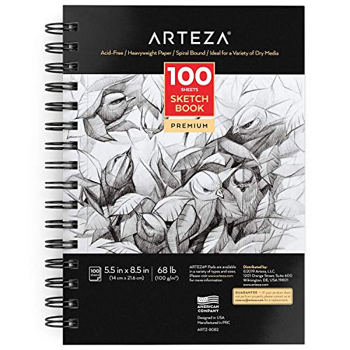 ARTEZA Spiral Sketch Book, 5.5x8.5 Inches – 100 Sheets, 68 lb Acid-Free Drawing Pad for Adults, Teens, Students for Sketching, Doodling & Illustration