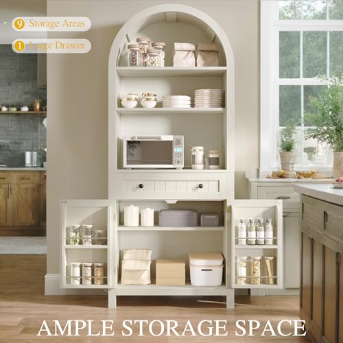 DWVO Arched Kitchen Pantry Cabinet, 73" Tall Kitchen Storage Cabinets with Charging Station, Farmhouse Versatile Cupboard with Shelves, Drawer & Door Racks for Dining Living Room, Vintage White