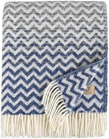 Linen & Cotton Luxury Cuddly Wool Throw/Blanket for Sofa Beds Settees AURORA - 100% New Zealand Lambswool, Marine Blue/Grey (130 x 170cm (52'' x 68'') Warm Throws Blankets/Couch Plaid/Bedspread