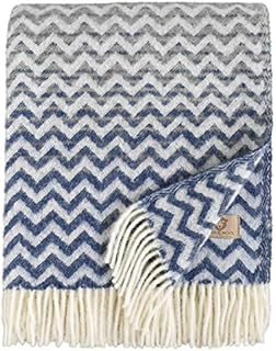 Linen & Cotton Luxury Cuddly Wool Throw/Blanket for Sofa Beds Settees AURORA - 100% New Zealand Lambswool, Marine Blue/Grey (130 x 170cm (52'' x 68'') Warm Throws Blankets/Couch Plaid/Bedspread