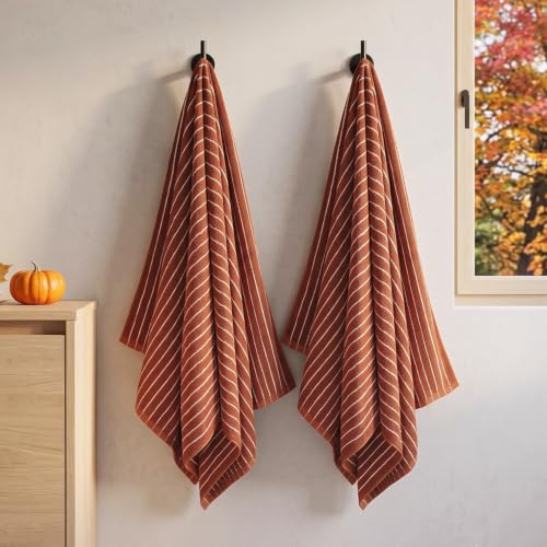 Image of Terracotta Striped Bath Towels Set of 2, Fall Bathroom Decor & Shower Towel