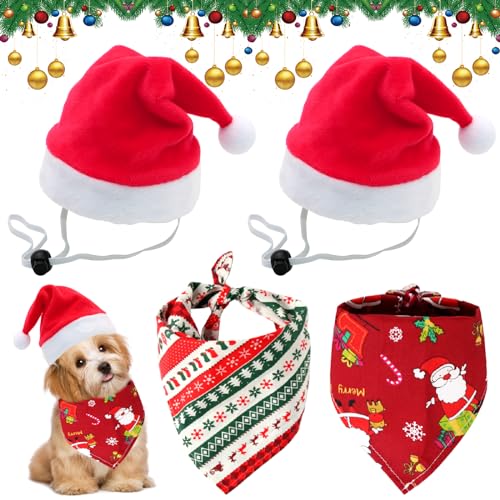 Scettar 2 Stücke Weihnachten Haustier Bandana Schal und 2 Stücke Weihnachtsmütze,Weihnachten Haustier Kostüm,Hund Halstuch für Kleine Mittelgroße Große Hunde Katzen