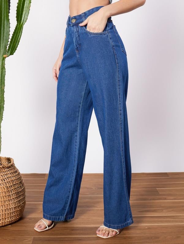 Image of DEELMO Women's High Waist Wide Leg Denim Jeans for Women | Straight Fit Full Length Casual Wear Pants