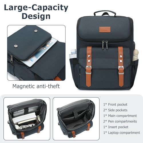 Image of YALUNDISI Vintage Backpack Travel Laptop Backpack with usb Charging Port for Women & Men College Backpack Fits 15.6 Inch Laptop Blue Brown