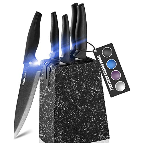 Wanbasion Marbling Black Kitchen Knife Set Block, Kitchen Knife Set Block Wood, Professional Kitchen Knife Set Block with Knife Sharpener