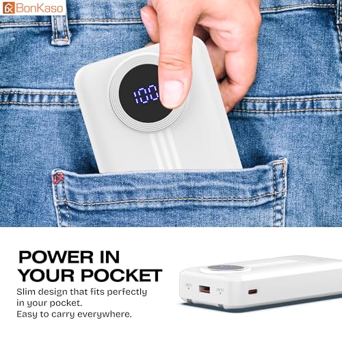 Image of BonKaso 20000mAh Power Bank 22.5W PD Fast Charging with Built-in Type-C Cable, USB-A & Type-C Output, Digital LED Display, Slim Portable Charger for iPhone, Android, Tablets - White