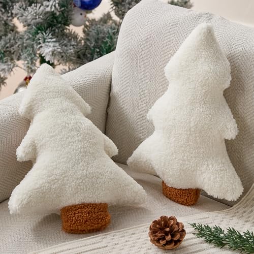 Image of Allorry Christmas Pillows Set of 2 White Christmas Tree Shaped Soft Plush Christmas Decor Pillow for Party Xmas Winter Holiday Home Sofa Cushion Cases WL-006E
