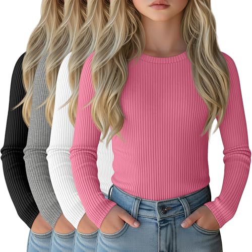 Image of 4 Pack Girls Long Sleeve Shirts Ribbed Knit Cotton Crewneck Tops Slim Fit Soft Casual Kids Base Layer Undershirts
