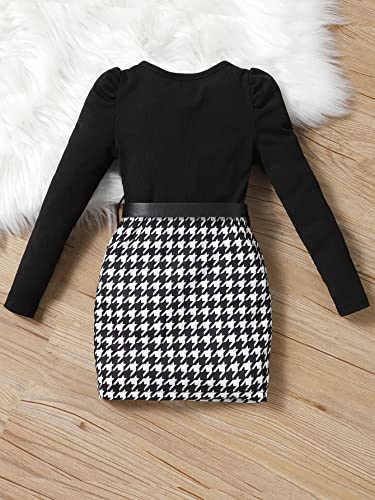 Floerns Girl's Ribbed Knit Puff Long Sleeve Patchwork Houndstooth Mini Dress2