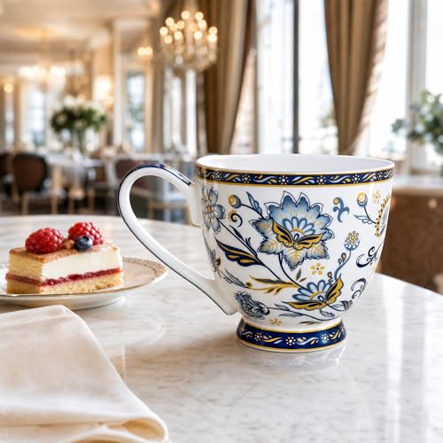 Taza de porcelana ósea floral 16 oz azul miniatura 5