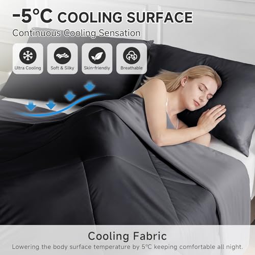 Image of HOMFINE Cooling Comforter Twin Size, Black Summer Cooling Blanket for Hot Sleepers and Night Sweats, Japanese Double-Sided Cold Tech Fabric Q-Max 0.45, Soft Breathable Silky Smooth Lightweight