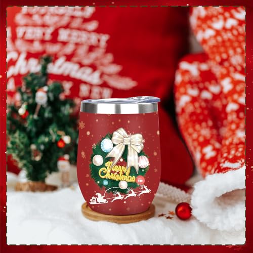 Image of MEZMUT Christmas Wine Tumbler Unique Mom Christmas Gifts for Women Her 12oz Stainless Steel Wine Glass Christmas Cups Insulated Tumblers with Lids&Straws Double Wall Vacuum Coffee Tumbler Mugs