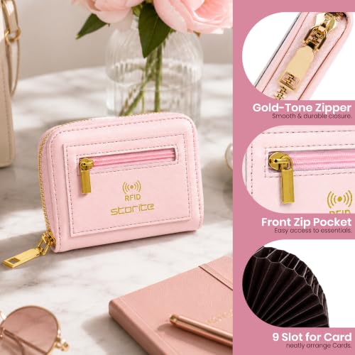 Image of Storite RFID Blocking PU Leather Card Holder Wallet for Women | 9 Slots Accordion Credit Card Case with 2 Money Compartments & Zipper Coin Pocket | Slim Travel Card Organizer Mini Purse(Light Pink)