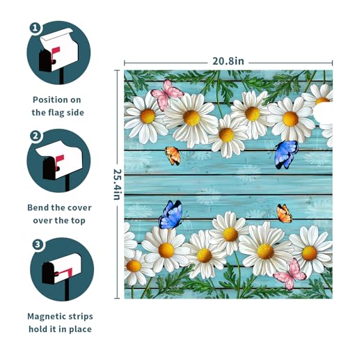 Image of Rustic Spring Summer Daisy Mailbox Covers Magnetic Large Size Spring Teal Old Wood Board Magnetic Mailbox Covers Daisy Floral Mailbox Wrap Post Letter Box Cover for Garden Yard Decor 25x21 Inch