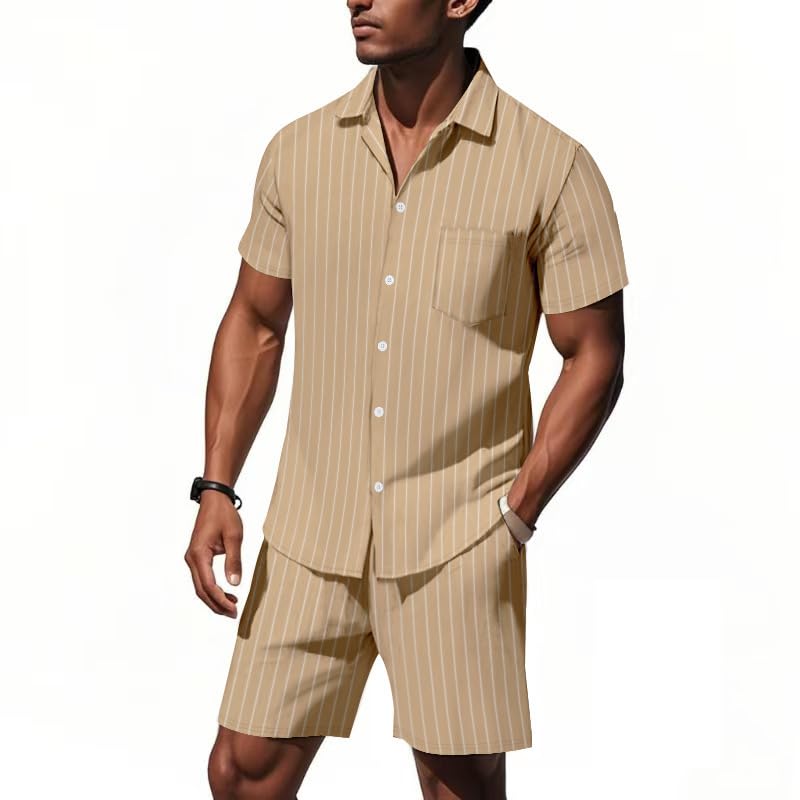 Vêtement d'intérieur léger homme comprenant short rayé et chemise boutonnée