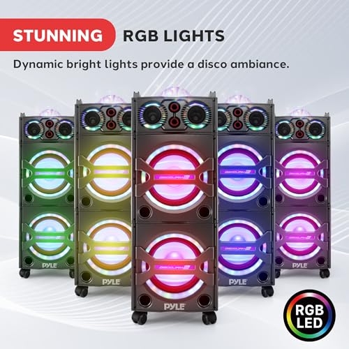 Image of Portable Bluetooth PA Speaker System - 2000W Active Powered Outdoor Bluetooth Speaker Portable PA System w /Microphone in, Party Lights, USB SD Card Reader, AUX /RCA /FM Radio, Wheels - Pyle PSUFM1043BT