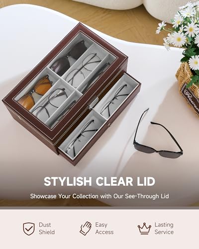 Image of CO-Z Sunglasses Organizer with 12 Slots, Leather Eyeglasses Storage Box for Women Men, 2 Story Lockable Display Case for Multiple Glasses, Sunglasses Jewelry Collection Holder with Drawer, Brown