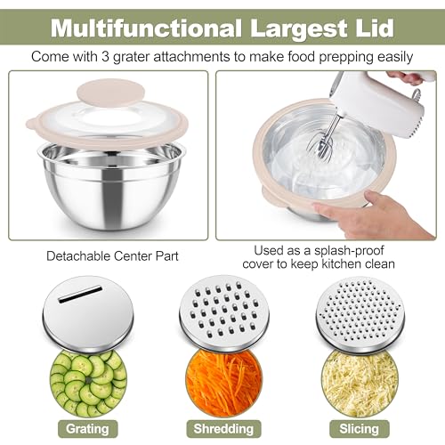 TeamFar Mixing Bowls, Stainless Steel Salad Serving Bowl with Clear Lids & 3 Graters, For Kitchen Cooking Prepping Storing, Size 4.6/2.6/1.5/1/0.7 QT, Nesting & Airtight, Set of 5 & Khaki