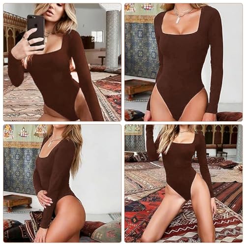 Bafiwu Body Langarm Damen, Kaffeebraun Shapewear Damen, Sexy Bauchweg Bodysuit, Sculpting Shaping Stark Formend, Atmungsaktiven Materialien (Kaffeebraun, L)