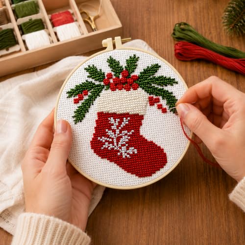 Image of Zhenqing 11 Count Stamped Cross Stitch Kits for Adults Beginners, Hand Embroidery Christmas Ornaments kit with Instructions Embroidery Hoops,Christmas Stocking-Four-Piece Set(68446)