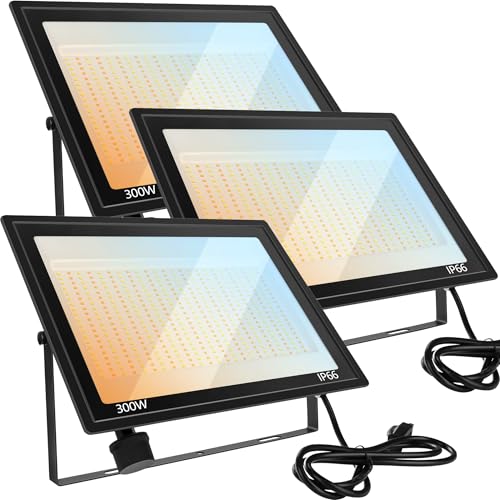 Sunkkes 3 Pack 300W LED Flood Lights Outdoor 3CCT 3000K/4500K/6000K Color Selectable Floodlight Outside Light IP66 Waterproof Security Lamps for Yard Court Stadium