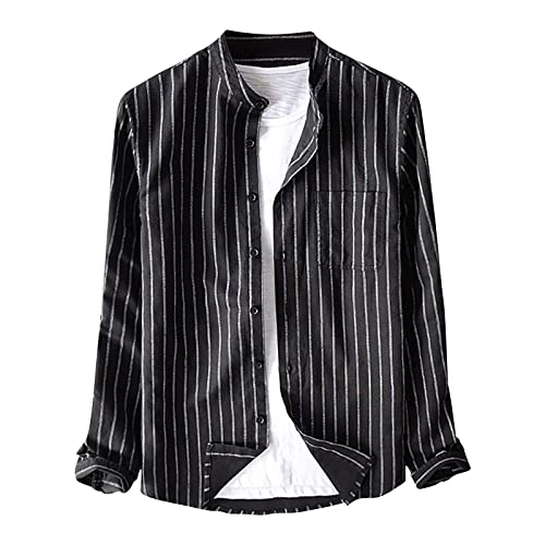 Mens Cotton Linen Button Down Shirts Fashion Striped Long