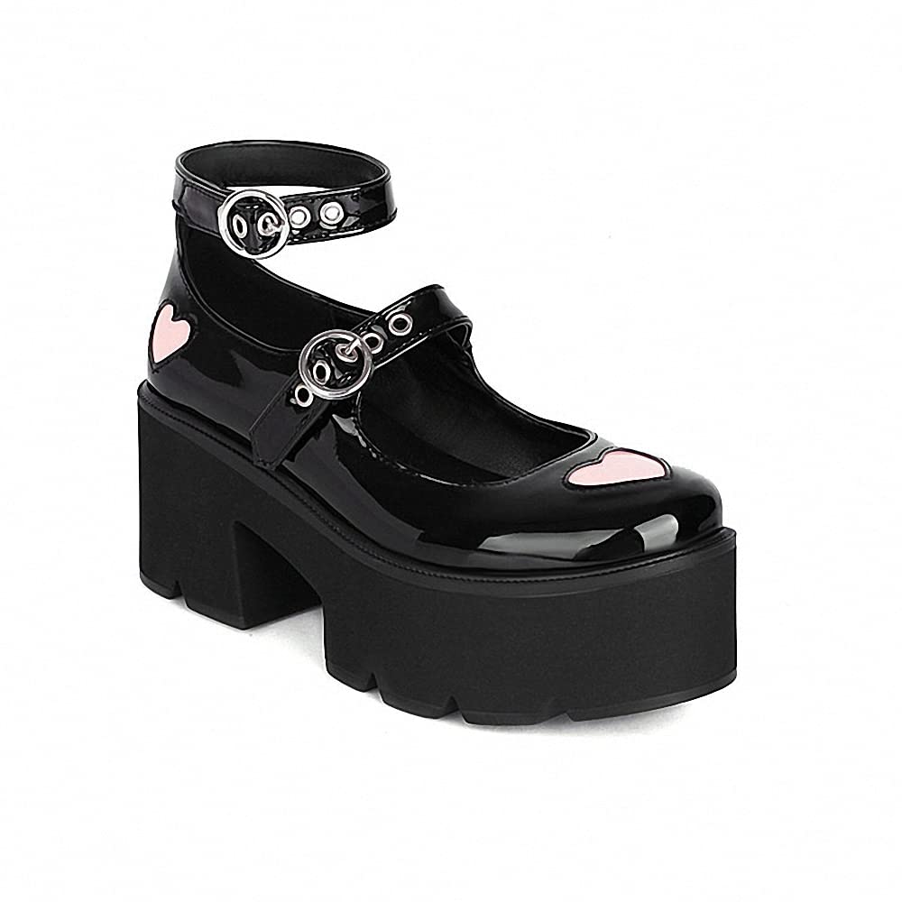 Womens Platform Mary Janes Shoes Sweet Toe Ankle Lolita Gothic Pumps Chunky Patent Leather — view 66