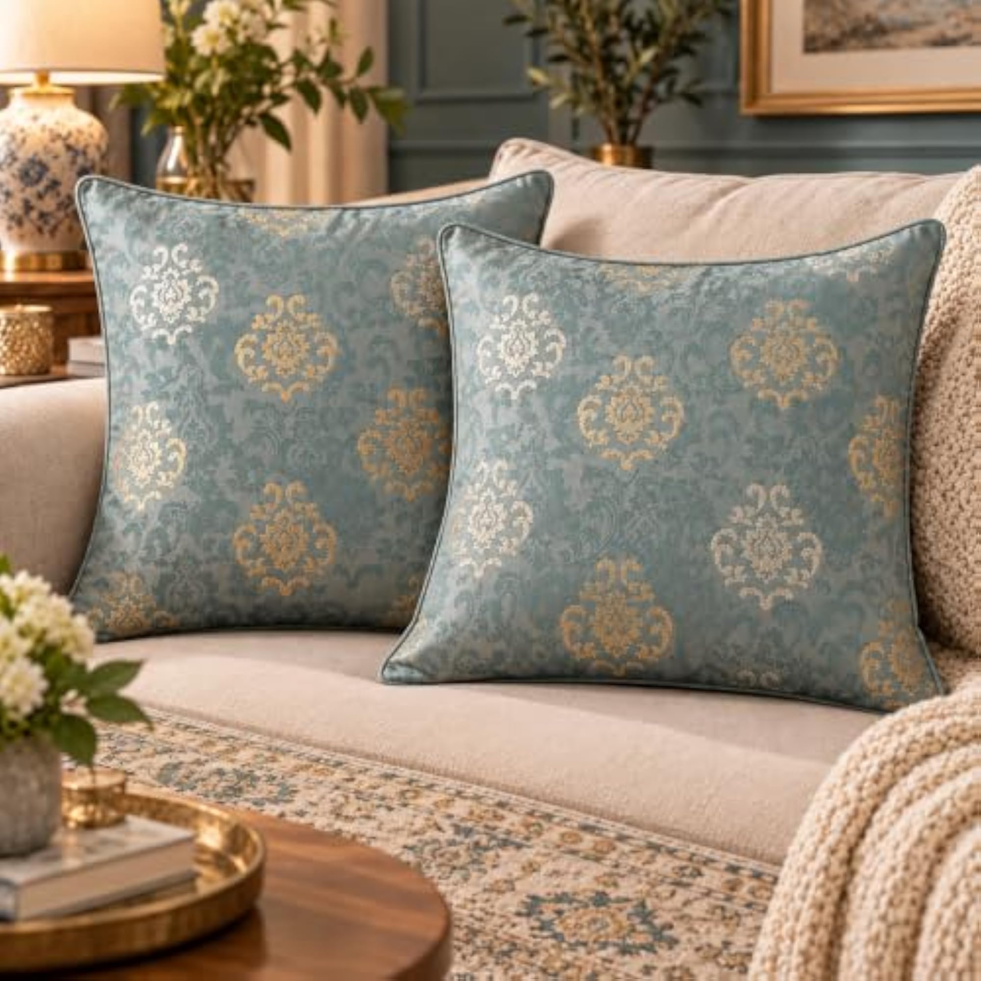 Damask Cushion Covers Teal Blue & Gold Decorative Designer Pillow Covers