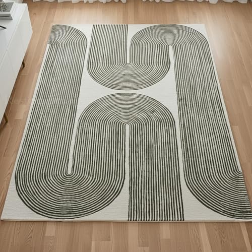 Image of Modern Handmade Wool Area Rug, Abstract Curved Line Geometric Carpet for Living Room Bedroom, Contemporary Tufted Indoor Rug with Soft Pile and Cotton Backing (Olive, 5' x 8')