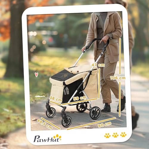 PawHut Hundewagen leicht Hundebuggy aus Aluminium klappbar für Hunde & Katzen Katzenbuggy mit Kissen Netzfenstern Türen Aufbewahrungskorb Katzenwagen Mini-Hundewagen für kleine Hunde Khaki