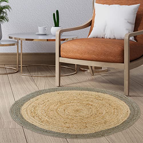 CHARDIN HOME Jute Braided Boho Round Rug Natural Jute with Grey Border | 3 feet Round Farmhouse Jute Area Rug | Artisnal Bohemian Handcrafted Home DÃ©cor
