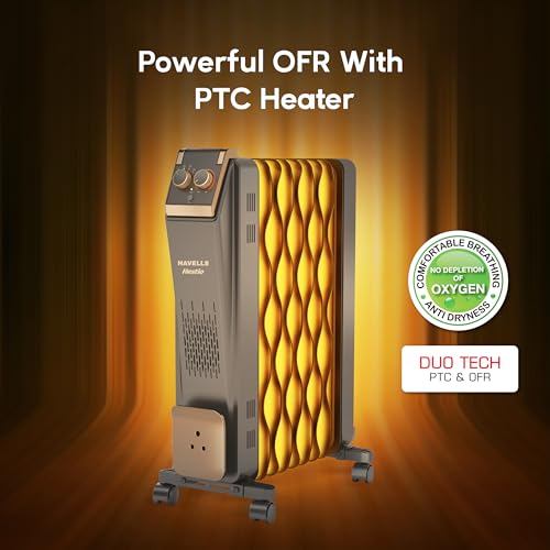 Image of Havells 9 Fin Hestio Wave Fin OFR (Oil Filled Radiator)|Room Heater|2400 W|3 Heat Settings & PTC Fan Heater|Inclined Control Panel|Retractable Wheels| Comfortable Breathing|360 Heating (Black)